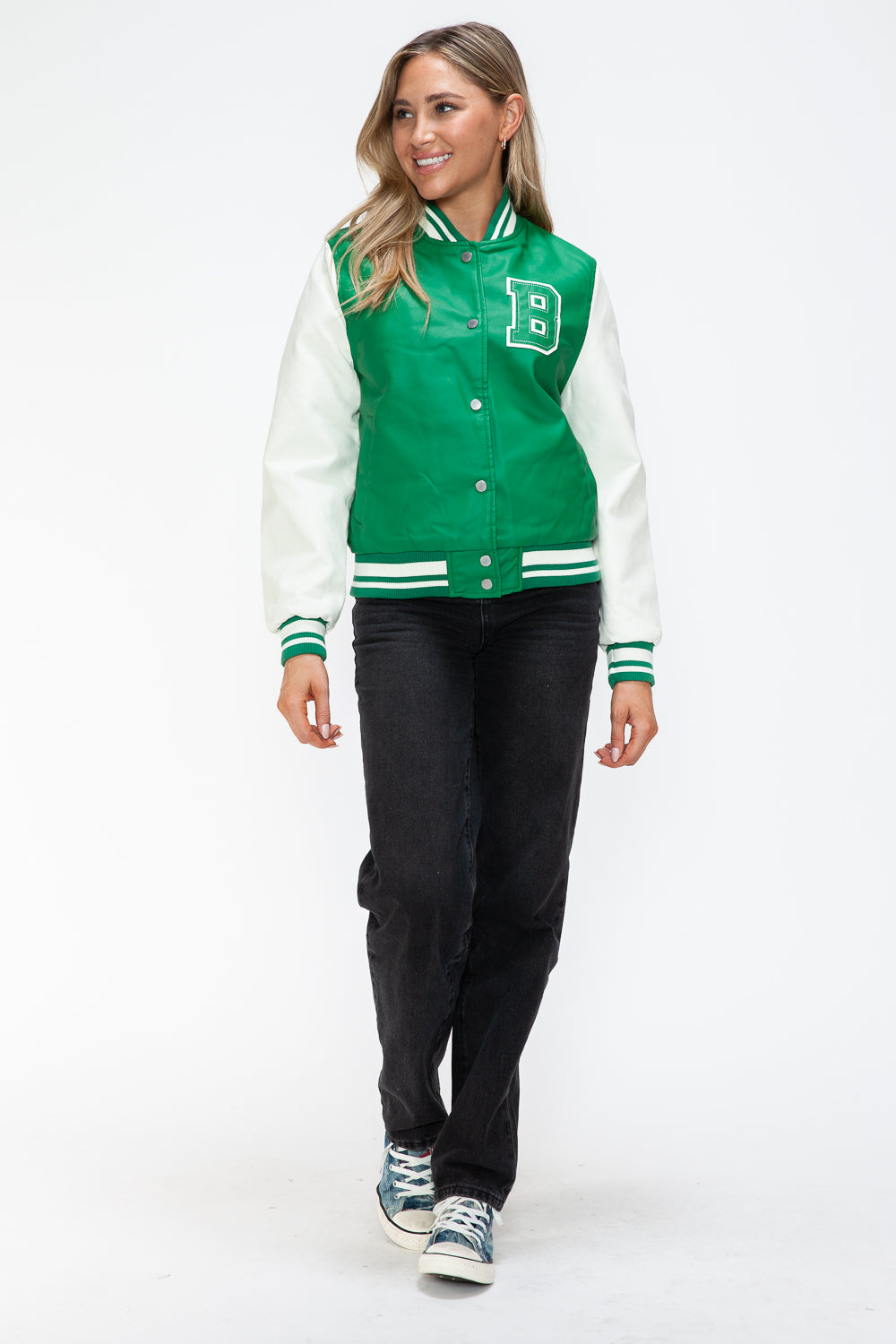 Love Me Now PU Leather Contrast Snap Down Bomber Jacket 15781 | Gulf Resellers
