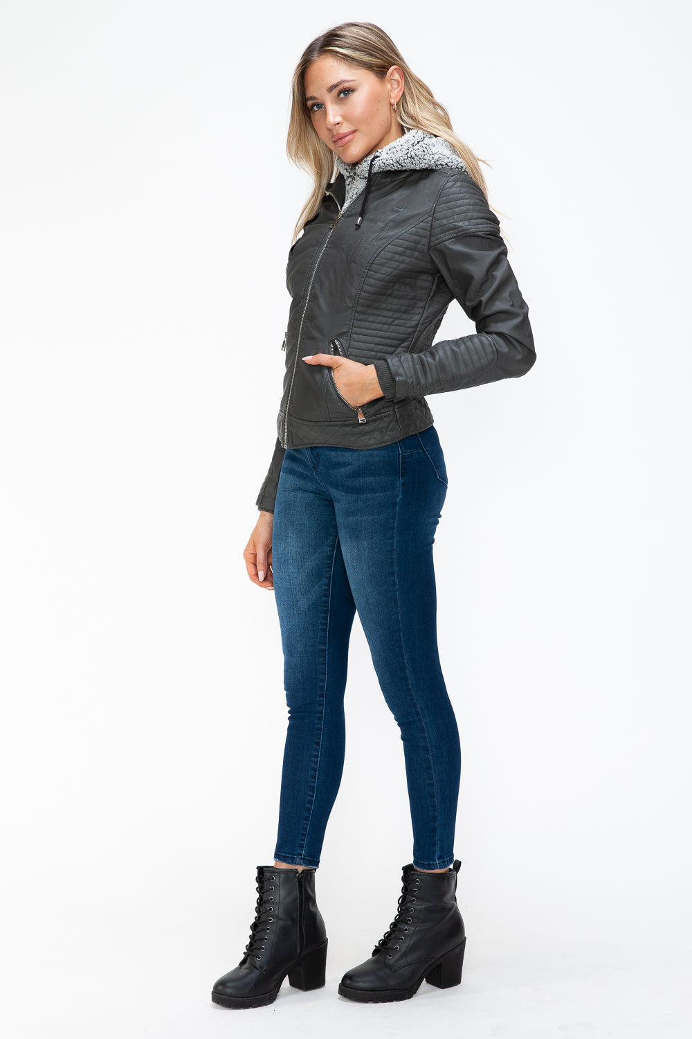 YMI Faux Layered Double-Zipper Jacket with Fuzzy Hood 15402 | Gulf Resellers