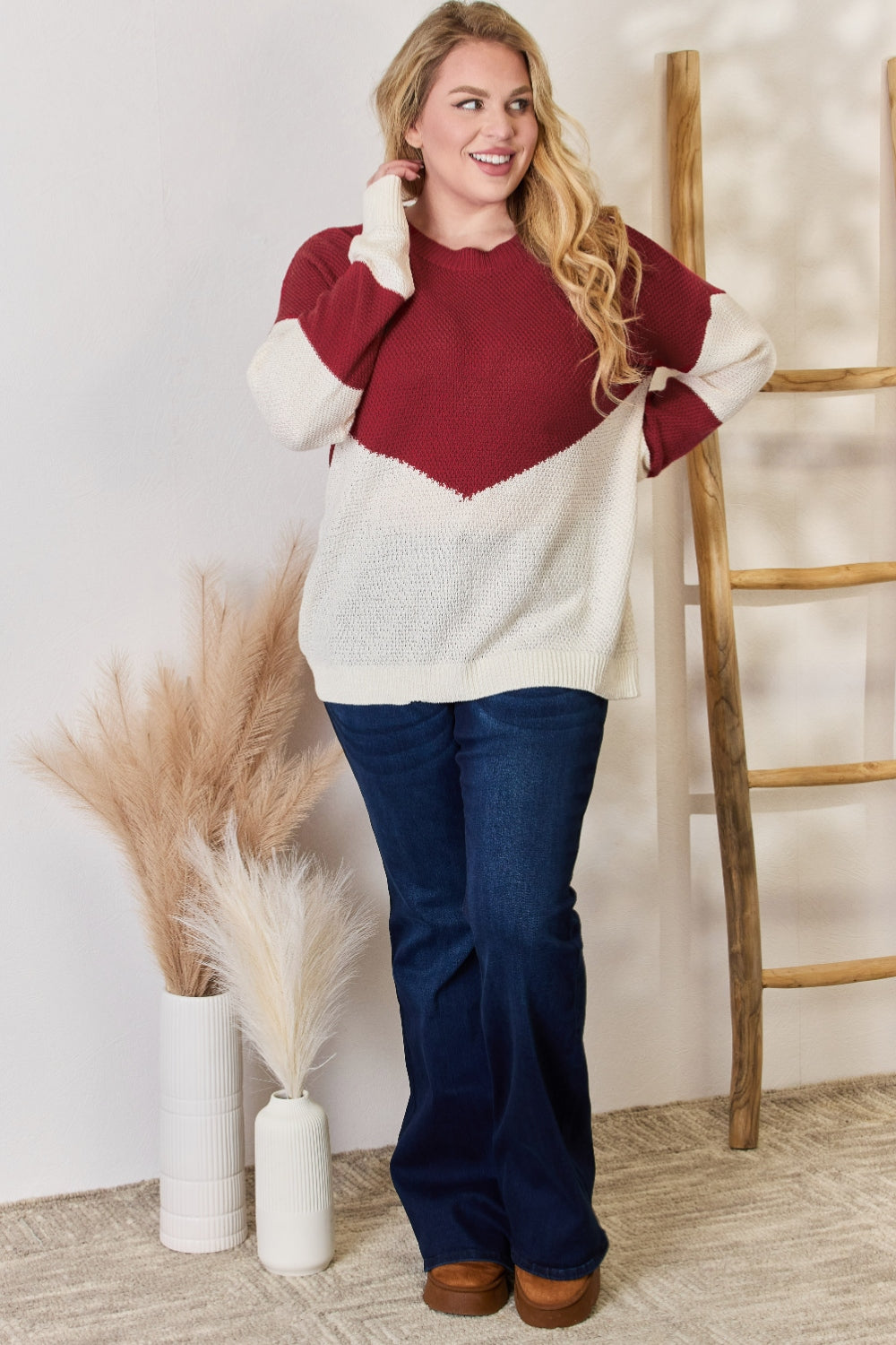 Hailey & Co Full Size Color Block Dropped Shoulder Knit Top | Gulf Resellers