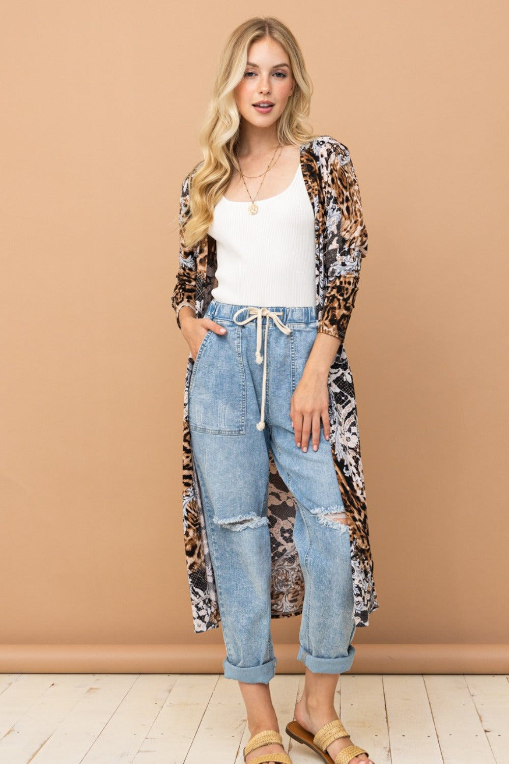 And The Why Leopard Kimono Open Front Longline Cardigan | Gulf Resellers