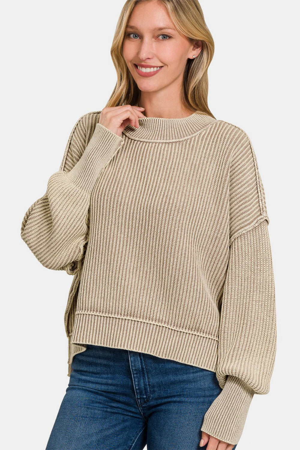 Zenana Exposed Seam Round Neck Dropped Shoulder Sweater