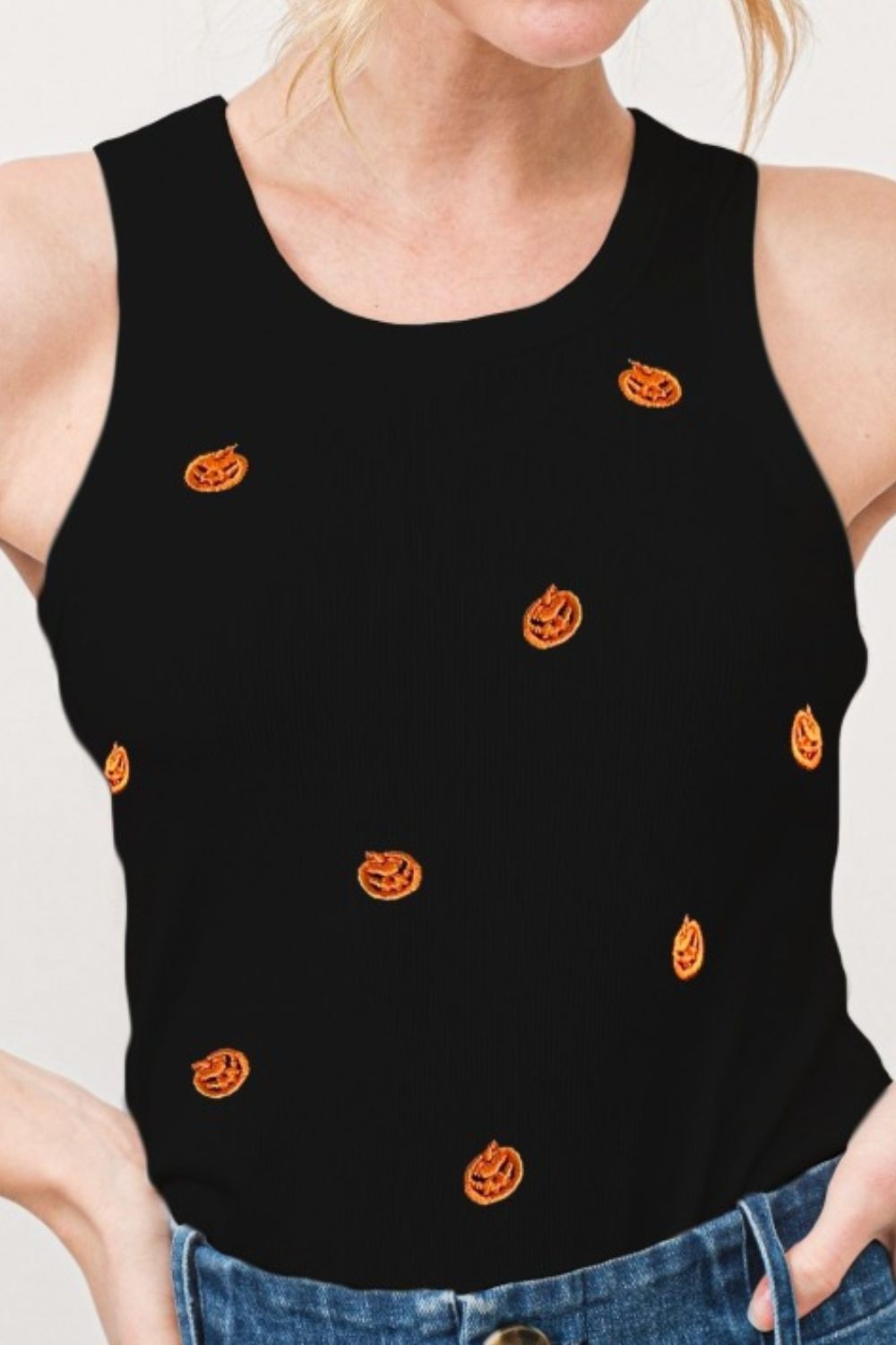 And The Why Jack O' Lantern Embroidered Ribbed Tank 16675 | Gulf Resellers 