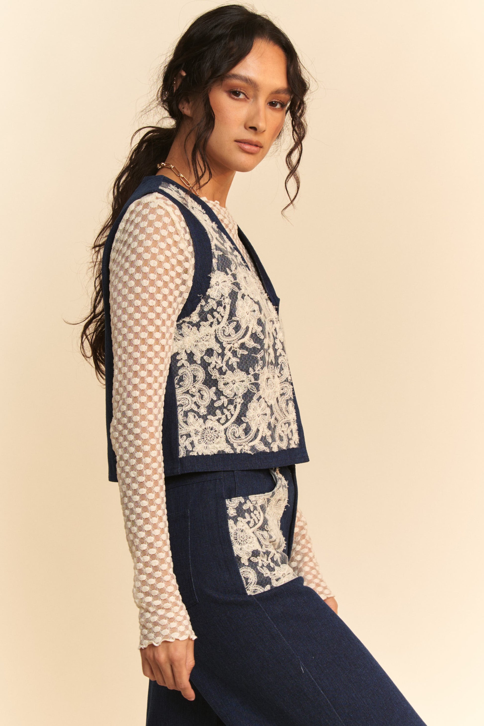 Davi & Dani Lace Patch Open Front Denim Vest 20064 | Gulf Resellers 