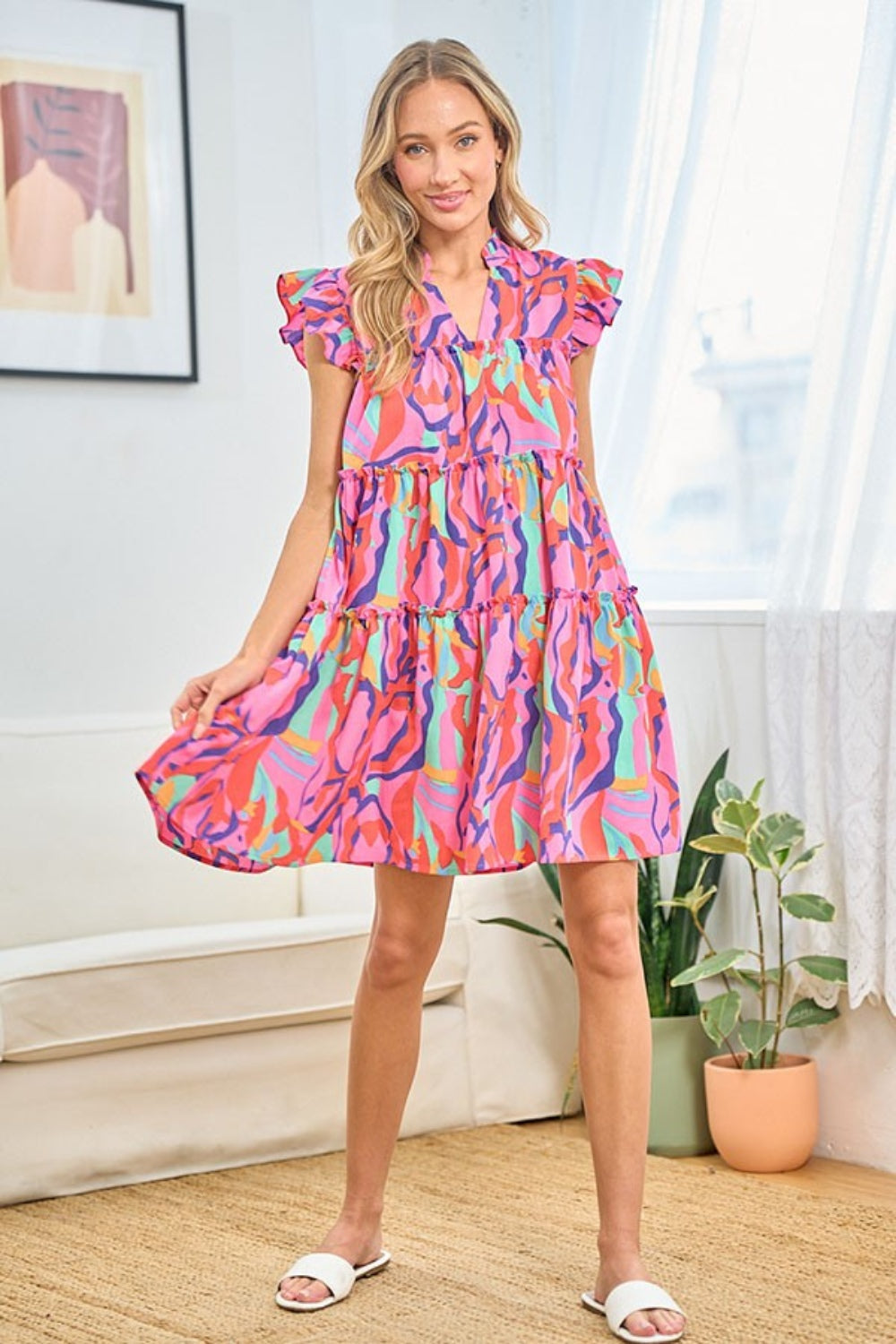 First Love Full Size Printed Ruffle Cap Sleeve Tiered Dress 6381 | Gulf Resellers 