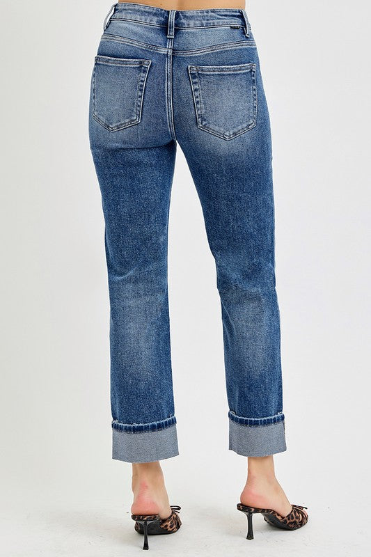 RISEN Full Size High Rise Crop Straight Roll Up Jeans 20417 | Gulf Resellers 