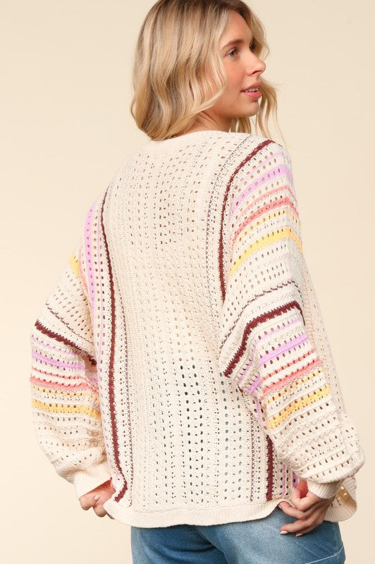 Haptics Full Size Striped Crochet Open Front Cardigan 19106 | Gulf Resellers 