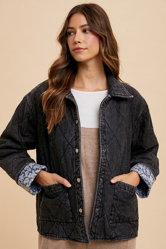 Annie Wear Quilted Printed Lining Snap Down Denim Jacket 20481 | Gulf Resellers 