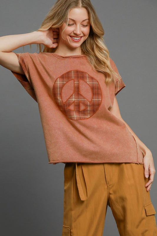 Umgee Peace Applique Round Neck French Terry Top 22028 | Gulf Resellers 