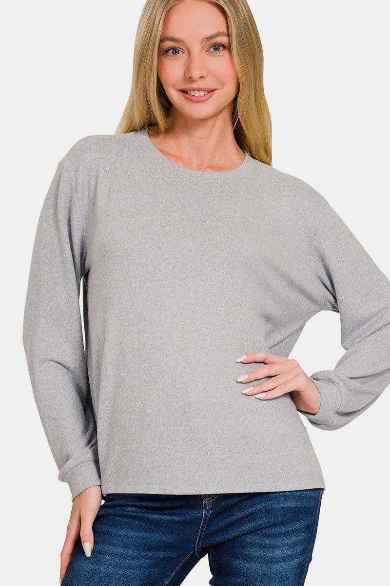 Zenana Hacci Round Neck Long Sleeve T-Shirt 19482 | Gulf Resellers 