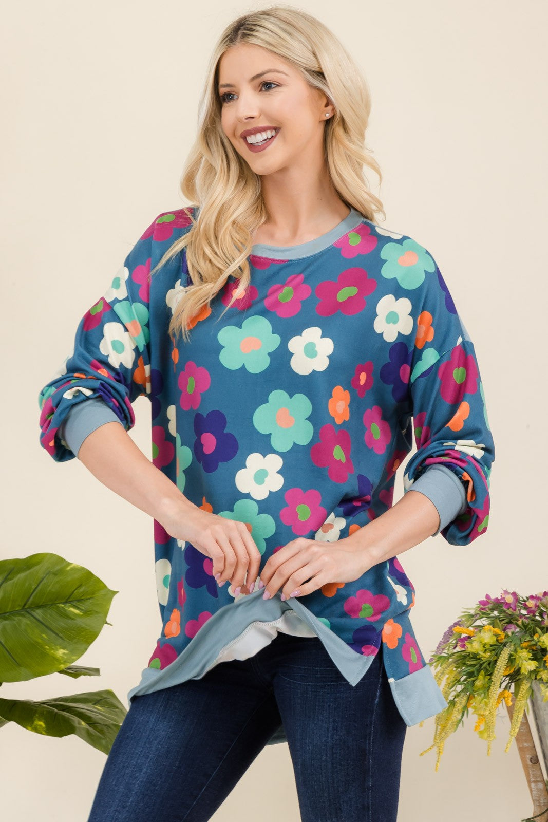 Celeste Full Size Side Slit Flower Print Long Sleeve Top 19554 | Gulf Resellers 