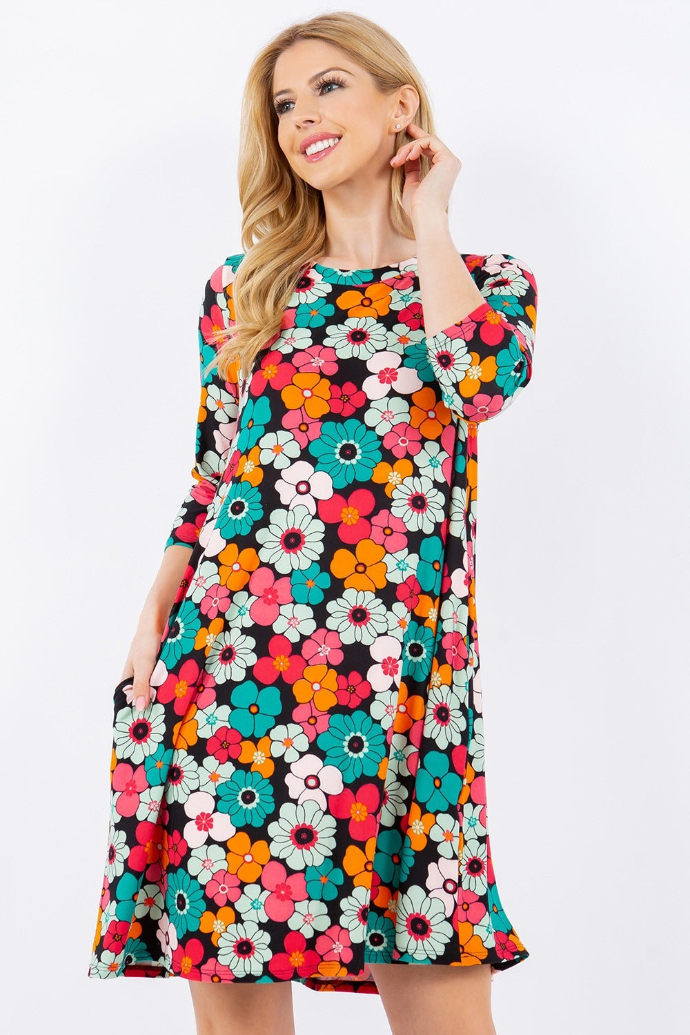 Celeste Full Size Floral Three-Quarter Sleeve Dress with Pockets 7921 | Gulf Resellers 