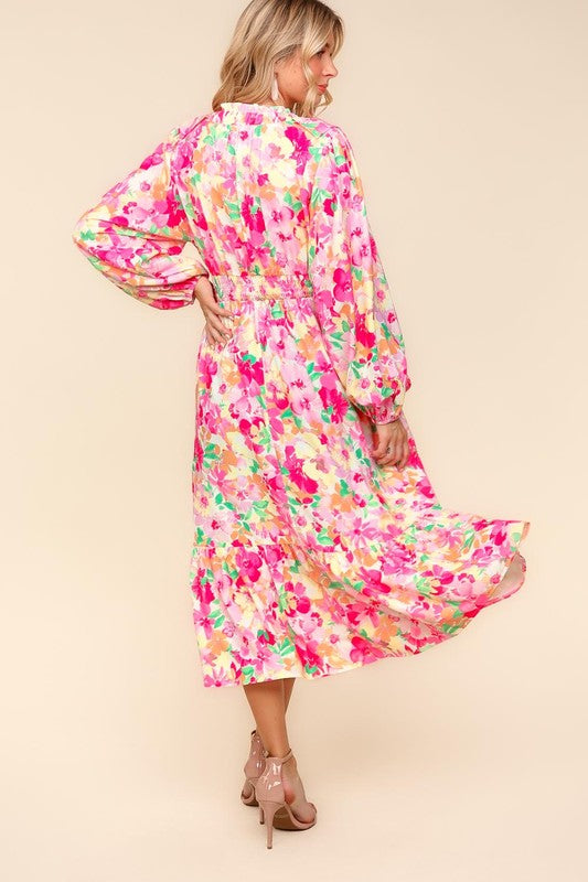 Haptics Full Size Floral Surplice Balloon Sleeve Dress with Side Pockets 20601 | Gulf Resellers 