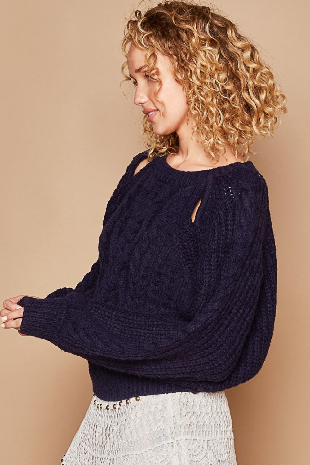 POL Cable Knit Cutout Long Sleeve Sweater