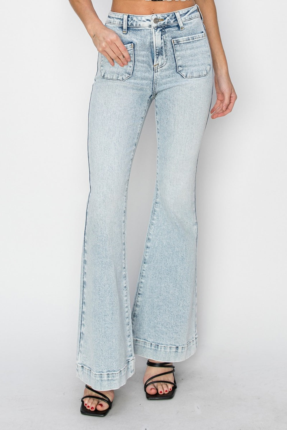 Risen Full Size High Rise Front Patch Pocket Flare Jeans | Gulf Resellers