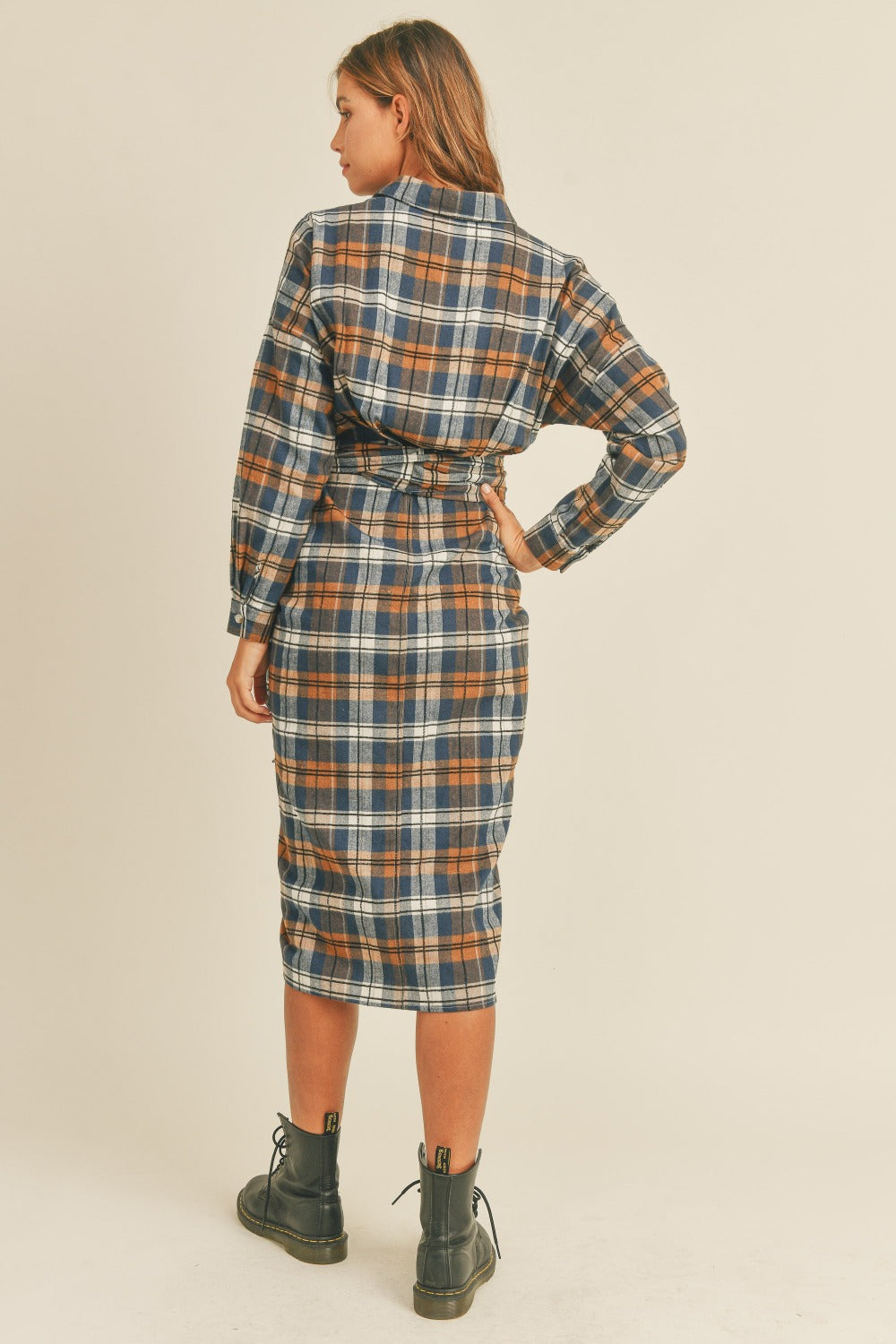 Mable Plaid Flannel Front Tie Button Down Shirt Dress | Gulf Resellers