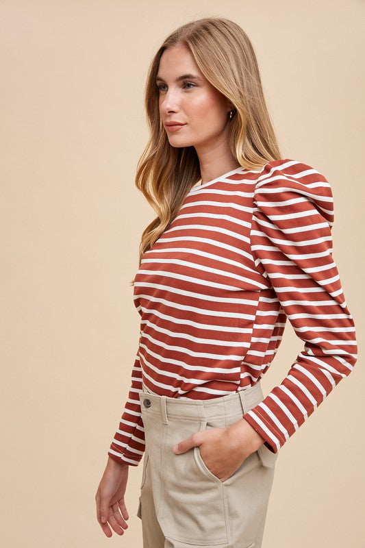 Annie Wear Striped Round Neck Puff Sleeve French Terry Top 18182 | Gulf Resellers 