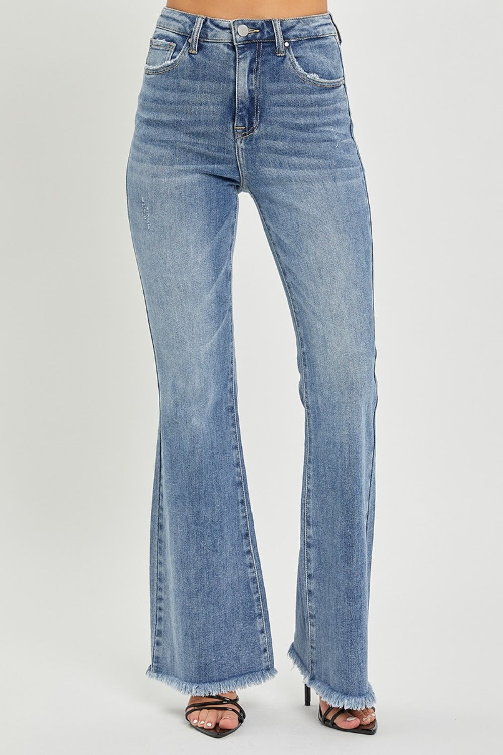 RISEN Full Size High Waist Raw Hem Flare Jeans 10871 | Gulf Resellers 