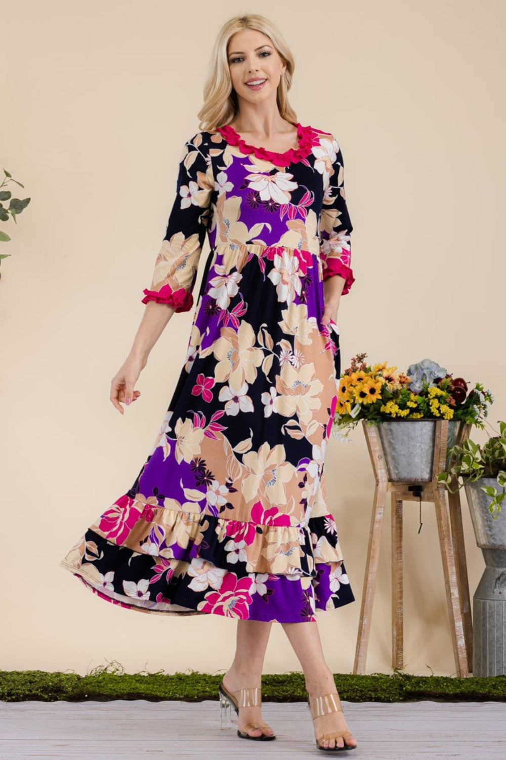 Celeste Full Size Floral Ruffled Midi Dress 9604 | Gulf Resellers 