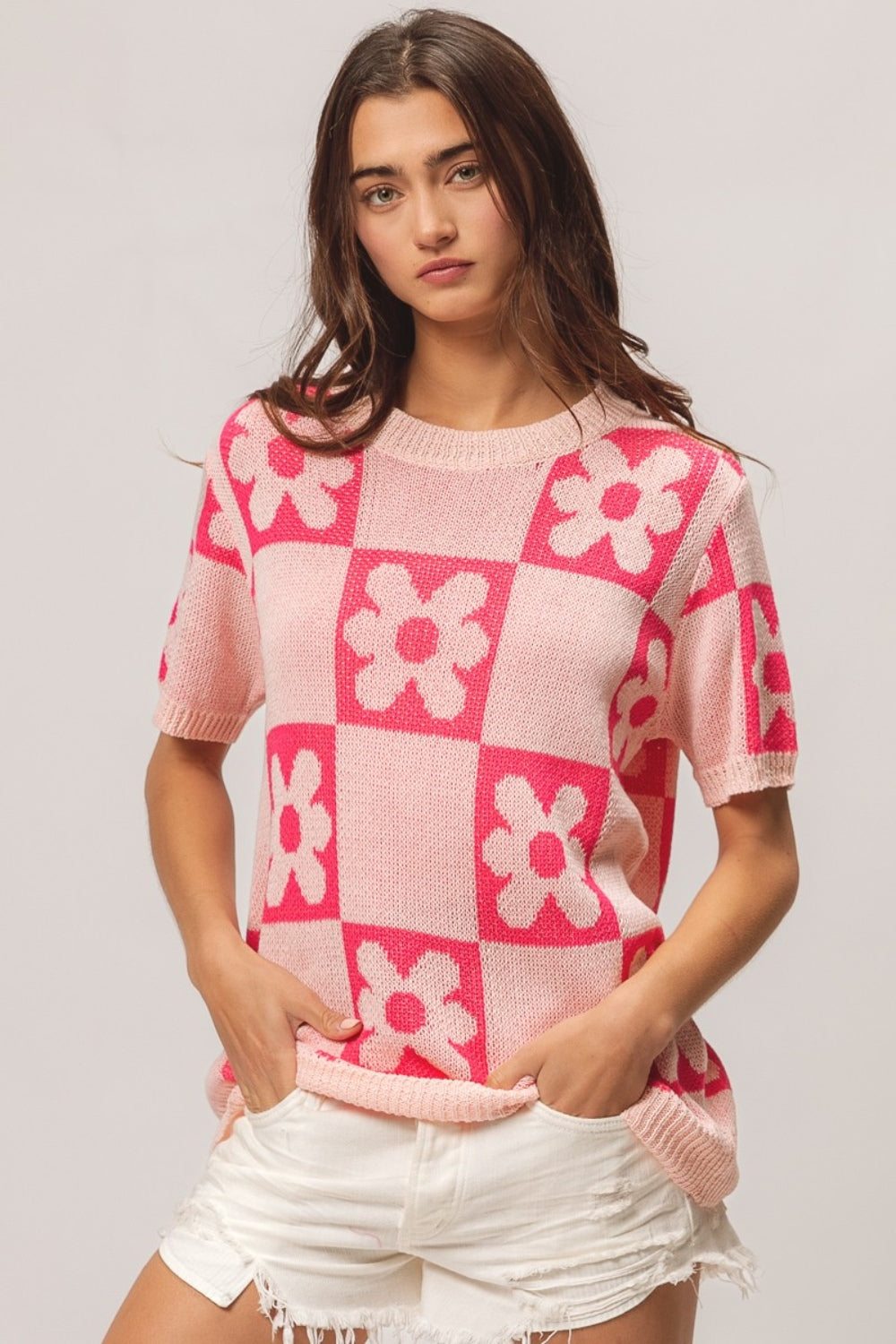 BiBi Flower Checker Pattern Short Sleeve Sweater 8720 | Gulf Resellers 