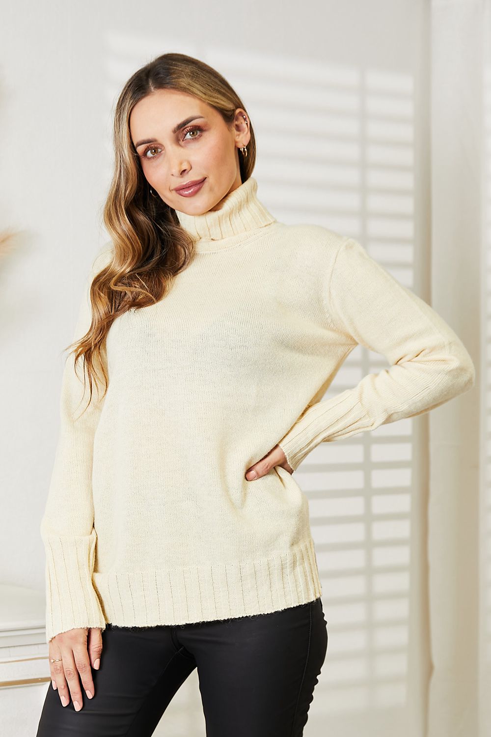 Heimish Full Size Long Sleeve Turtleneck Sweater with Side Slit 11897 | Gulf Resellers 