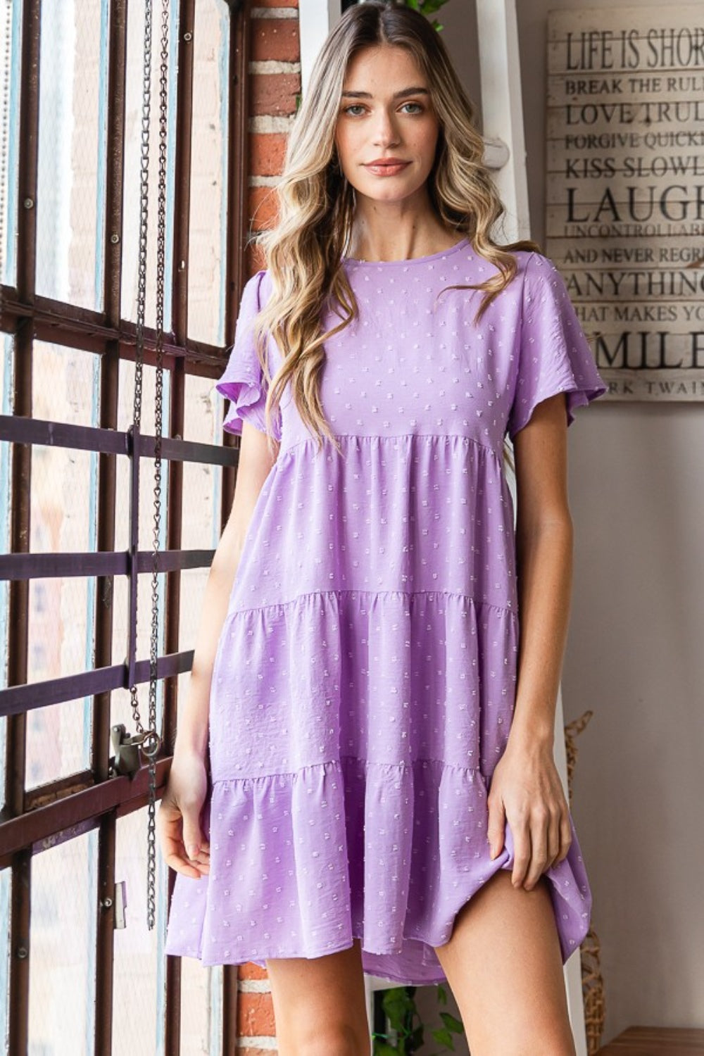 Heimish Full Size Swiss Dot Short Sleeve Tiered Dress | Gulf Resellers