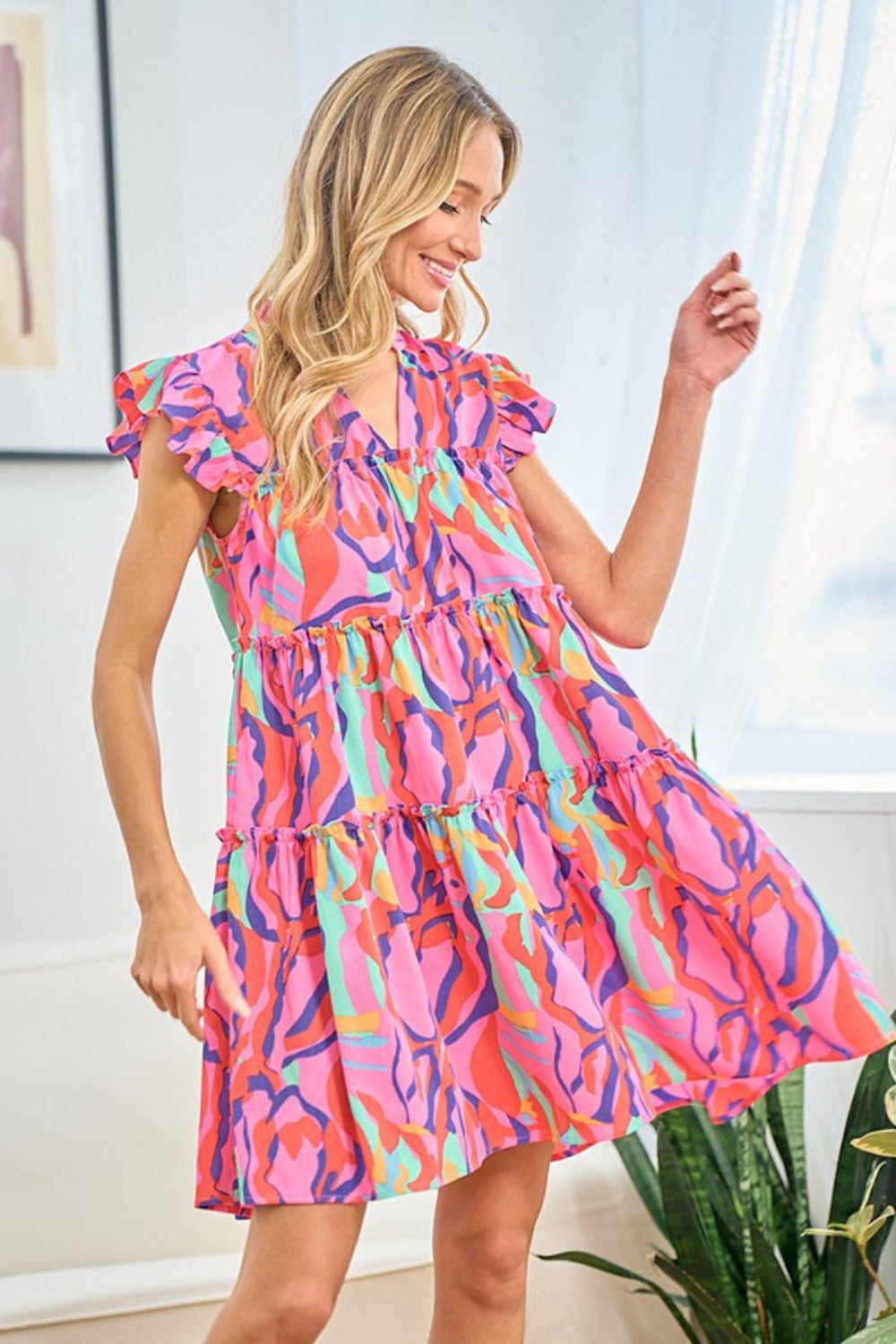 First Love Full Size Printed Ruffle Cap Sleeve Tiered Dress 6380 | Gulf Resellers 