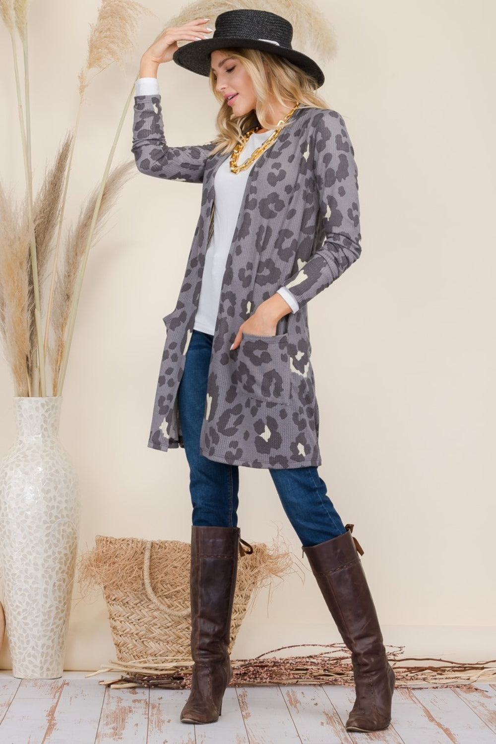 Celeste Full Size Leopard Open Front Contrast Cardigan 9995 | Gulf Resellers 