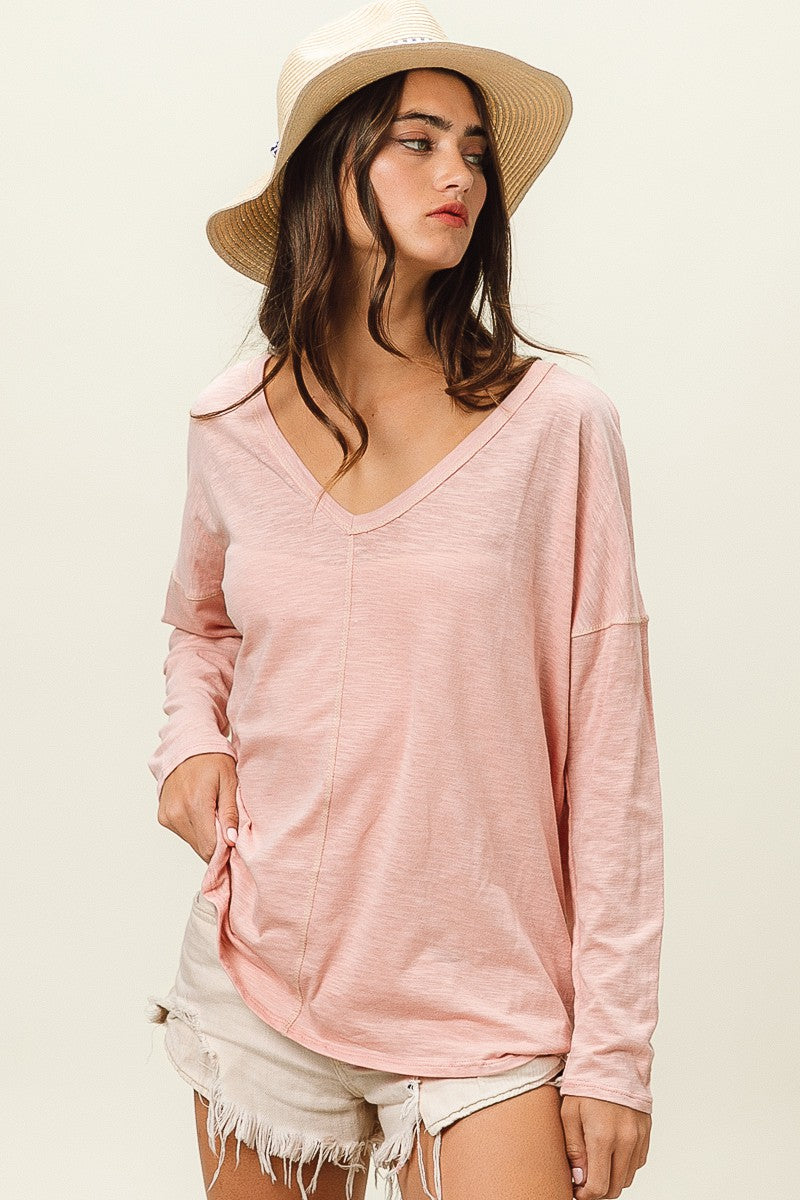 BiBi Exposed Seam V-Neck Long Sleeve T-Shirt 21883 | Gulf Resellers 