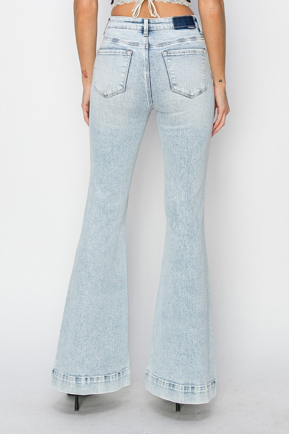 Risen Full Size High Rise Front Patch Pocket Flare Jeans | Gulf Resellers