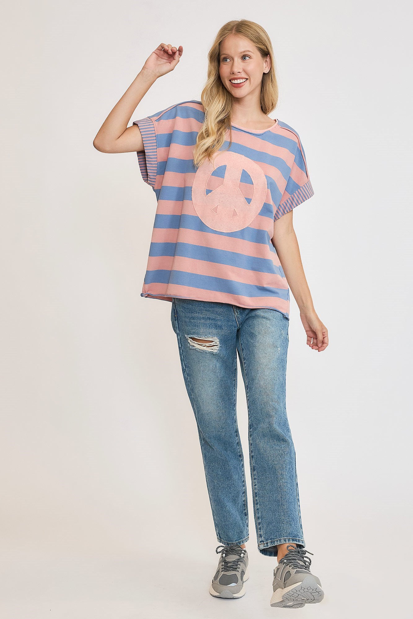 Umgee Peace Sign Patch Striped French Terry T-Shirt 18082 | Gulf Resellers 