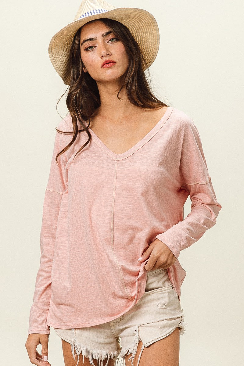 BiBi Exposed Seam V-Neck Long Sleeve T-Shirt 21880 | Gulf Resellers 