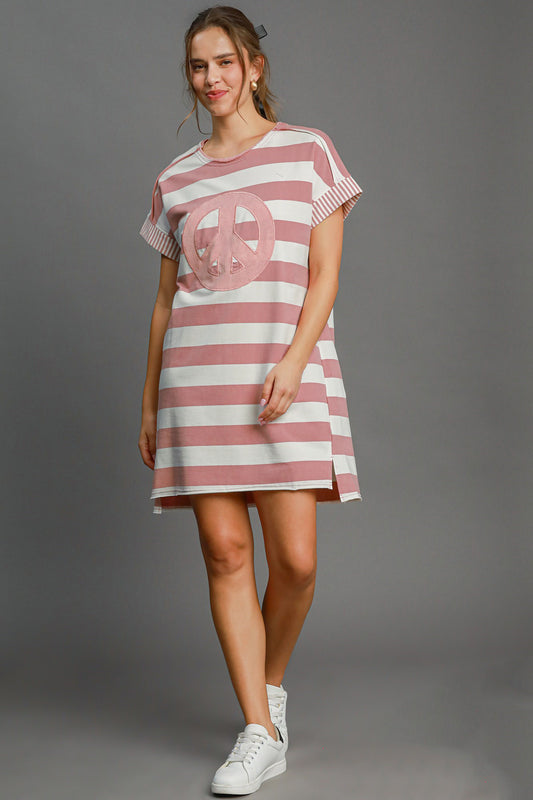 Umgee Peace Applique Striped Short Sleeve Mini Dress 21344 | Gulf Resellers 