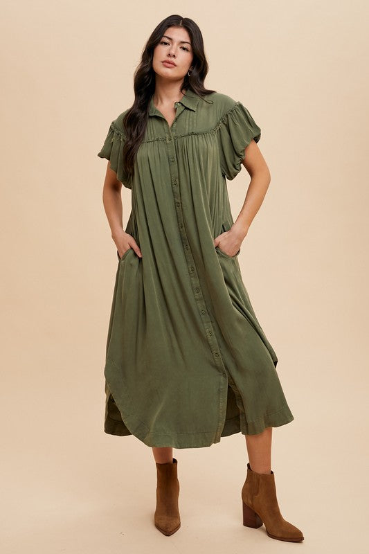 Annie Wear Mineral Washed Button Down Puff Sleeve Shirt Dress 20407 | Gulf Resellers 