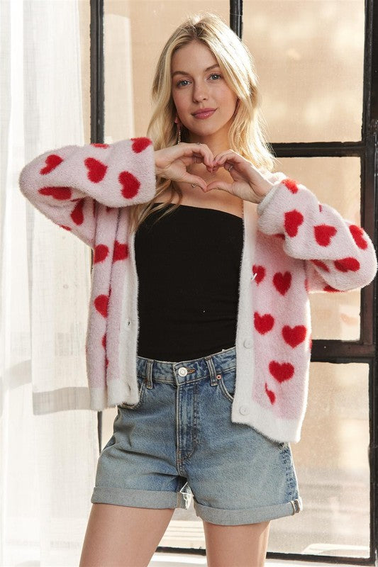 ADORA Fuzzy Heart Button Down Cardigan 19912 | Gulf Resellers 