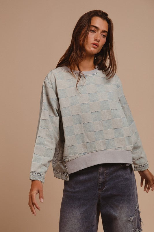 BiBi Mineral Washed Checkered Round Neck Denim Top 20096 | Gulf Resellers 