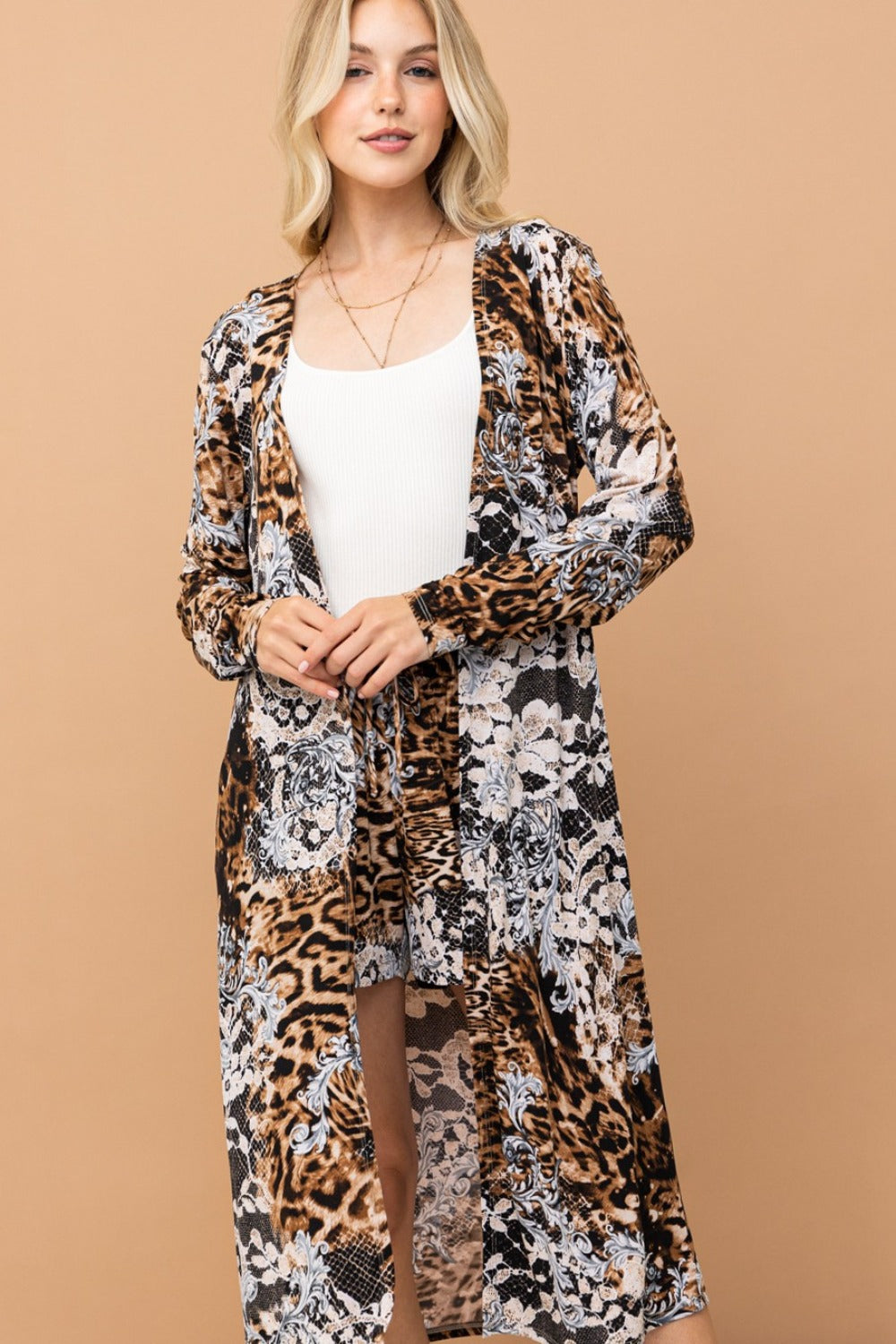 And The Why Leopard Kimono Open Front Longline Cardigan | Gulf Resellers