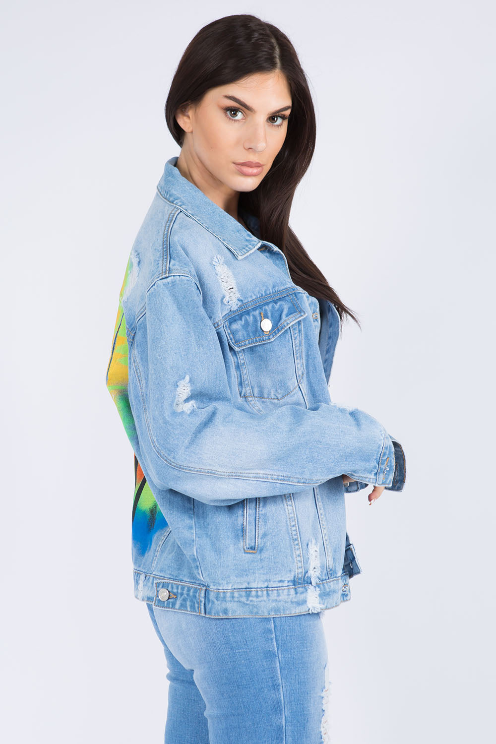 American Bazi Full Size Painted Back Distressed Denim Jacket 13413 | Gulf Resellers 