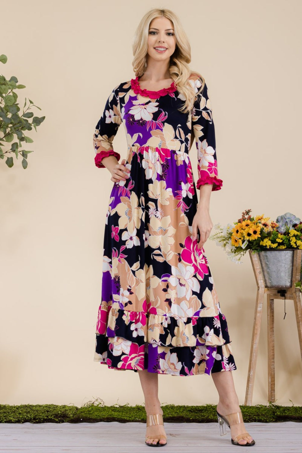 Celeste Full Size Floral Ruffled Midi Dress 9600 | Gulf Resellers 