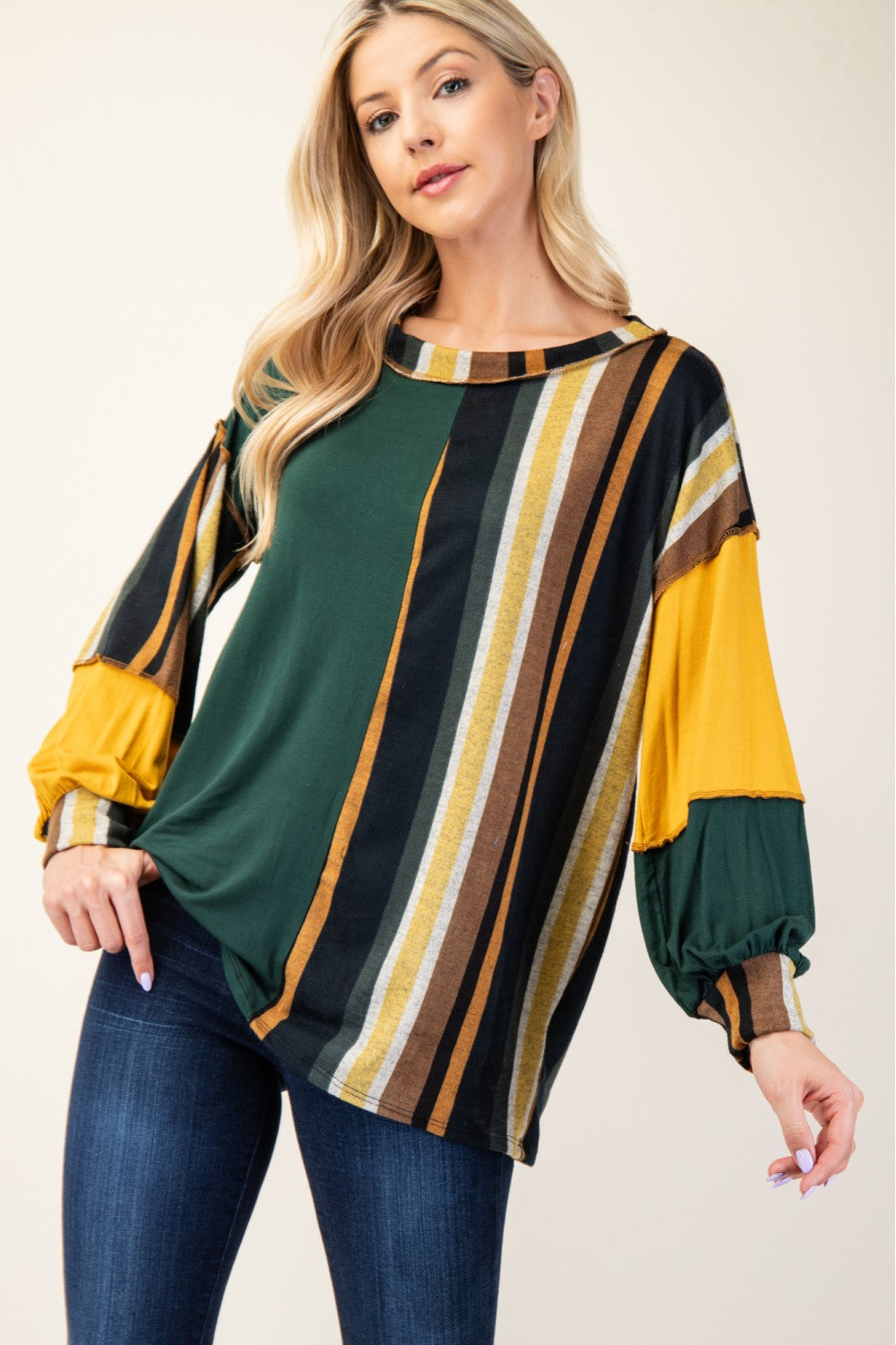 Celeste Full Size Striped Color Block Exposed Seam T-Shirt 20287 | Gulf Resellers 