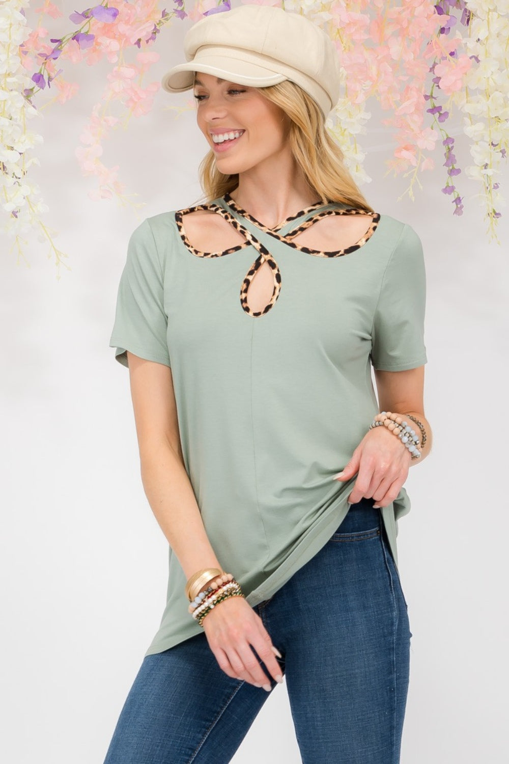 Celeste Full Size Crisscross Cutout Leopard Contrast Trim T-Shirt 6809 | Gulf Resellers 