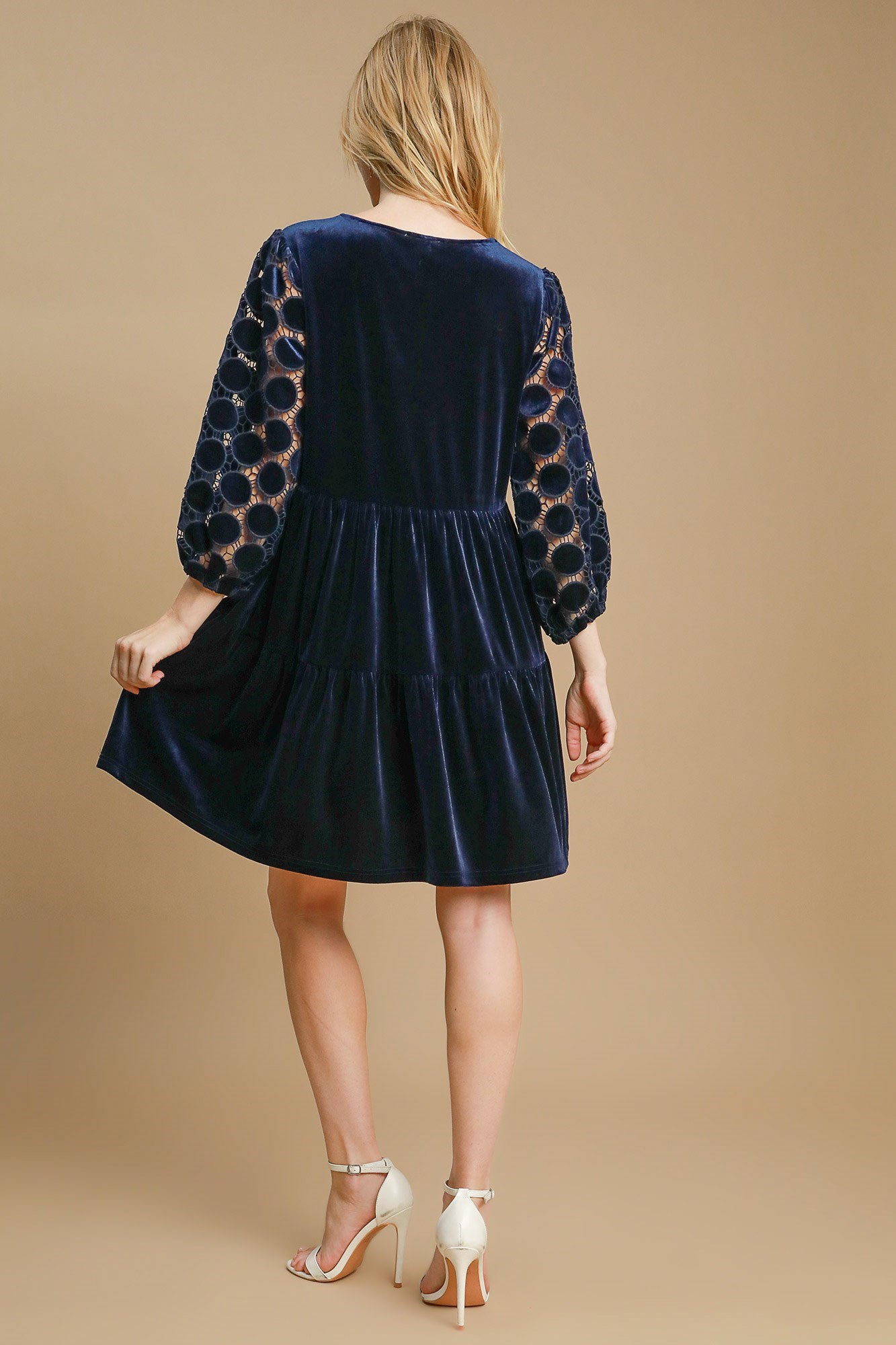 Umgee Dotted Lace Sleeve Tiered Velvet Mini Dress 22178 | Gulf Resellers 