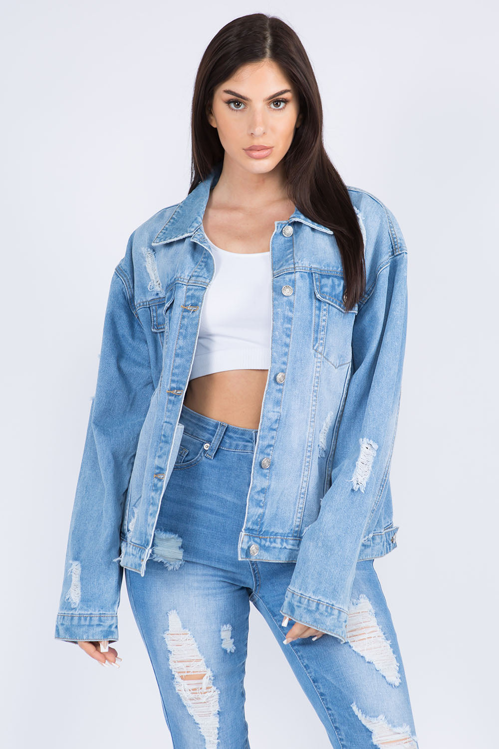 American Bazi Full Size Painted Back Distressed Denim Jacket 13411 | Gulf Resellers 