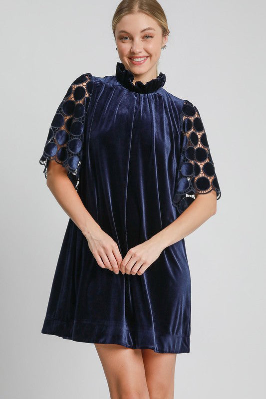 Umgee Dotted Lace Half Sleeve Mock Neck Back Tie Velvet Dress 22166 | Gulf Resellers 