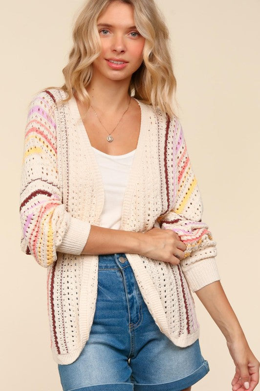 Haptics Full Size Striped Crochet Open Front Cardigan 19109 | Gulf Resellers 