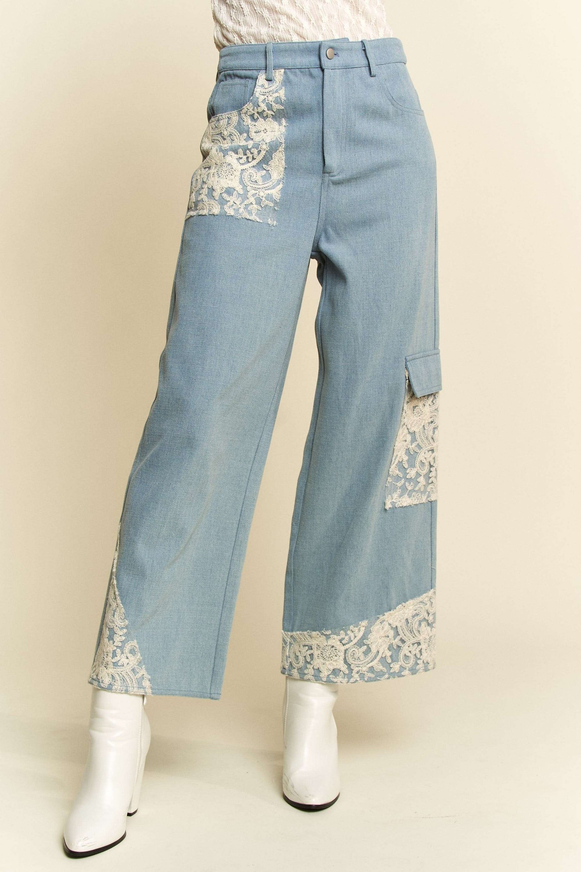 Davi & Dani Lace Applique Wide Leg Jeans 18963 | Gulf Resellers 