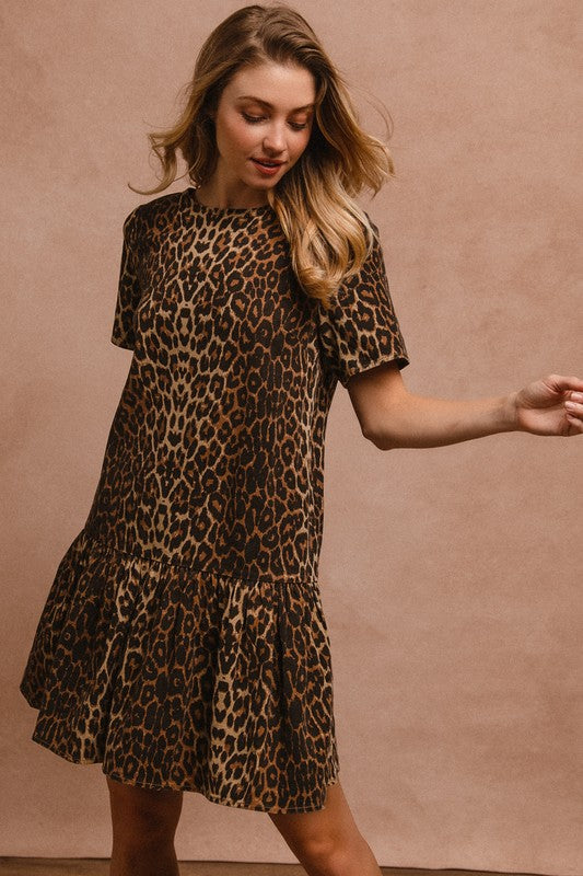 BiBi Tie Back Leopard Round Neck Short Sleeve Dress 20888 | Gulf Resellers 