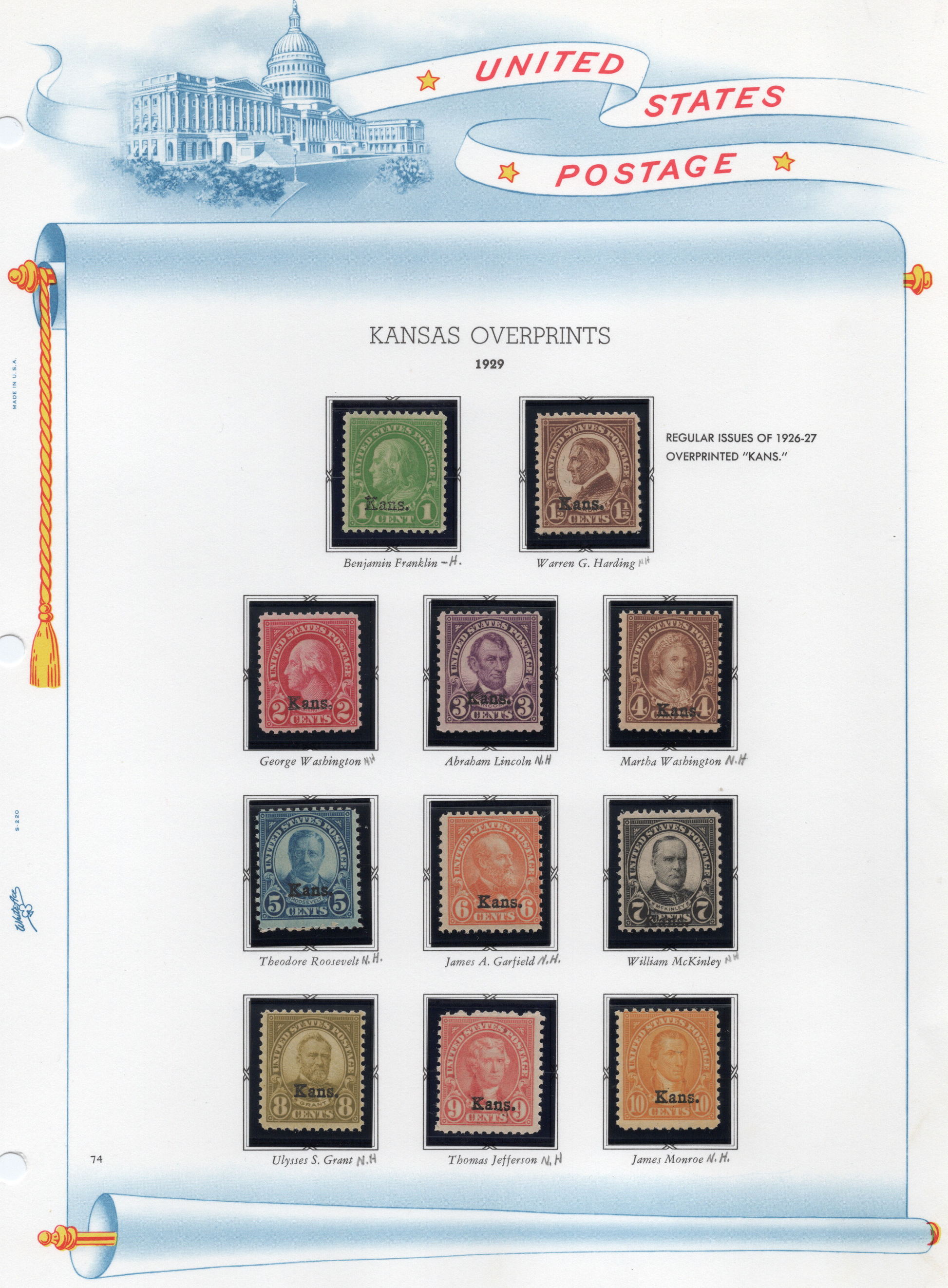 1929 Kansas Overprints, set of 11 stamps and free album page sold at Winchester Discounts