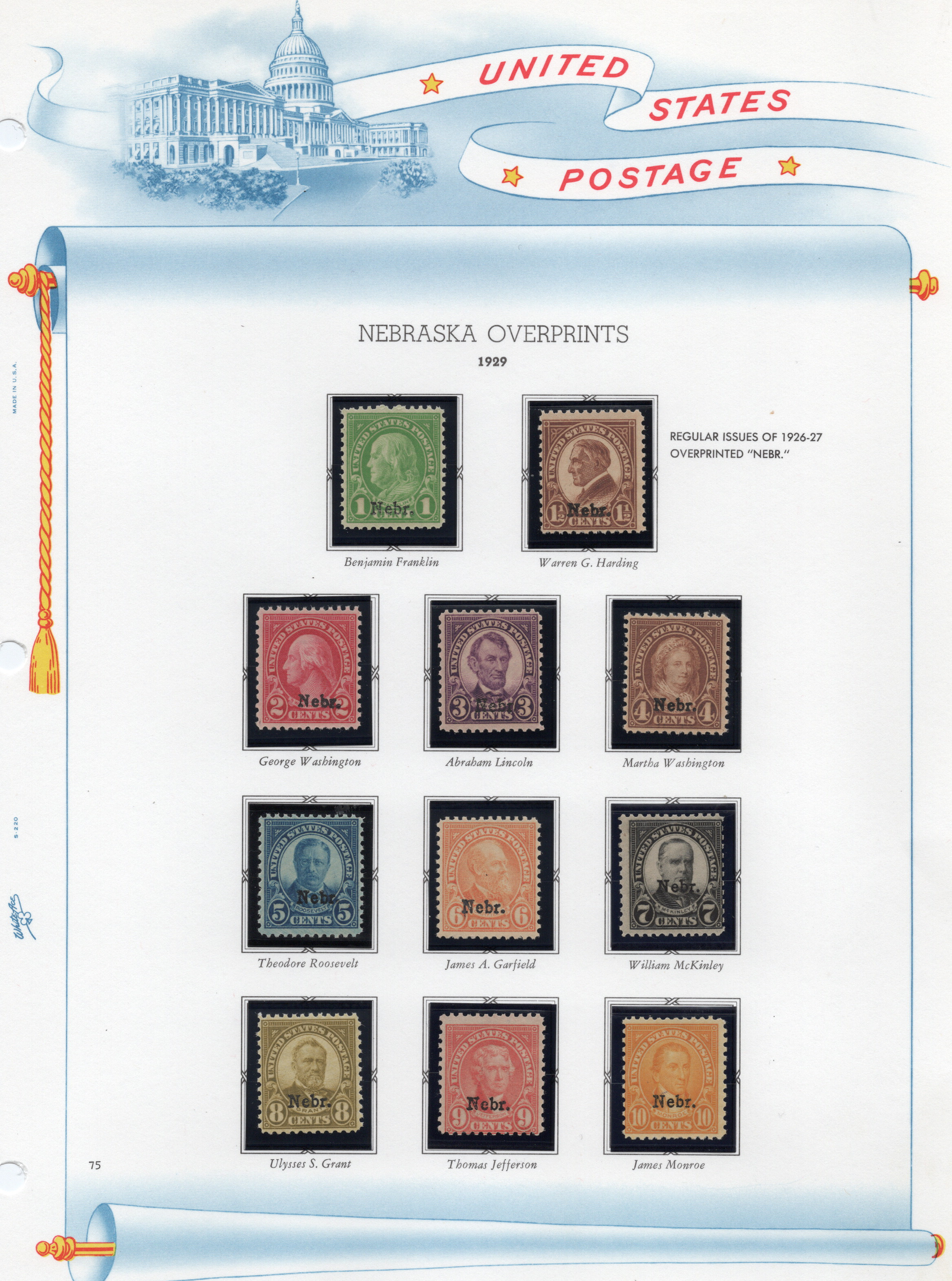 1929 Nebraska Overprints, set of 11 stamps and free album page sold at Winchester Discounts