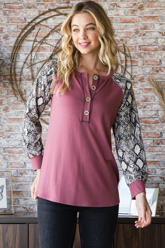 Heimish Full Size Snakeskin Print Raglan Sleeve Half Button Top 20829 | Gulf Resellers 