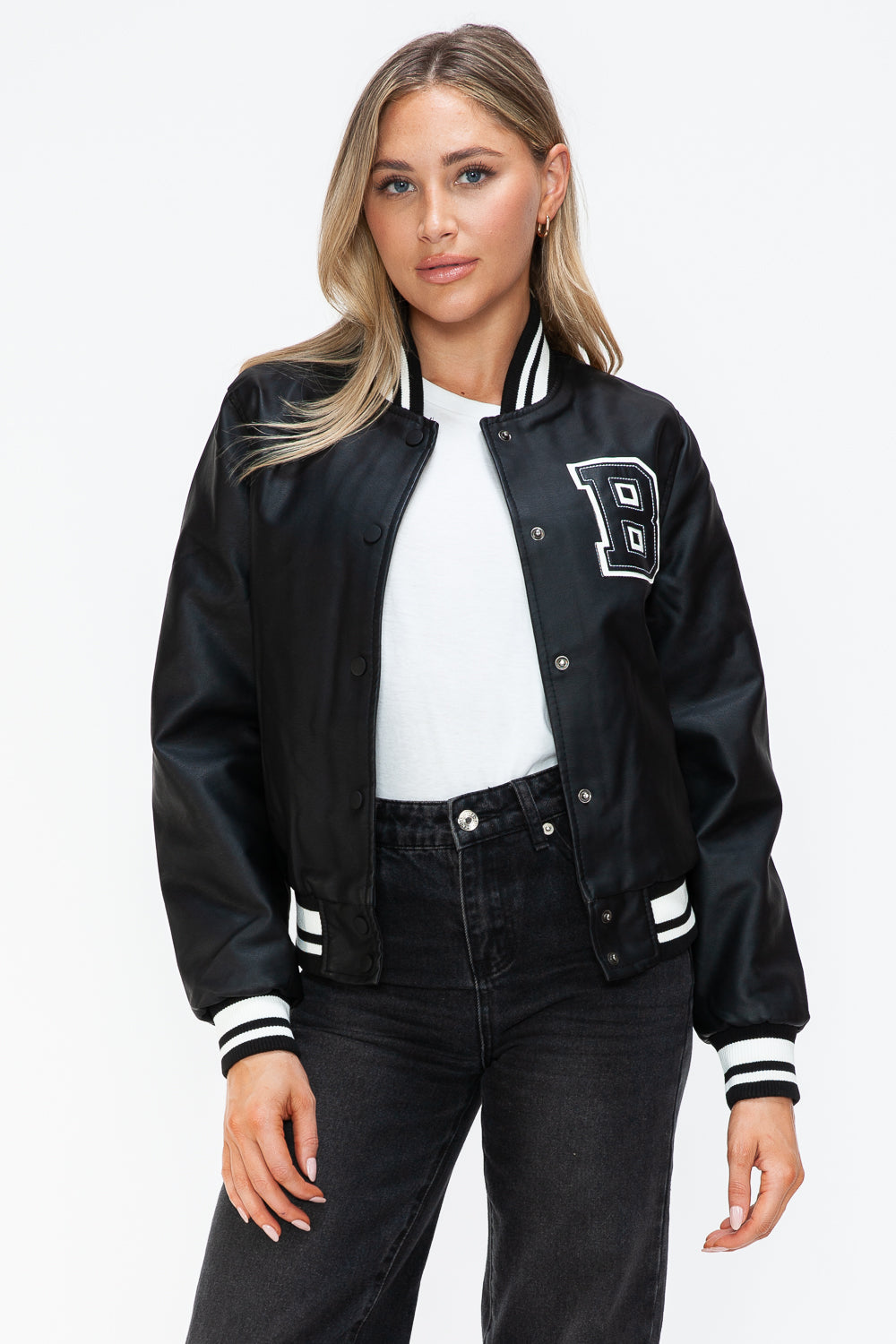 Love Me Now PU Leather Contrast Snap Down Bomber Jacket 15312 | Gulf Resellers 